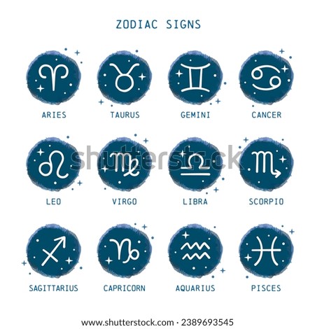 Zodiac signs icon set with captions. Vector dark blue round icon.