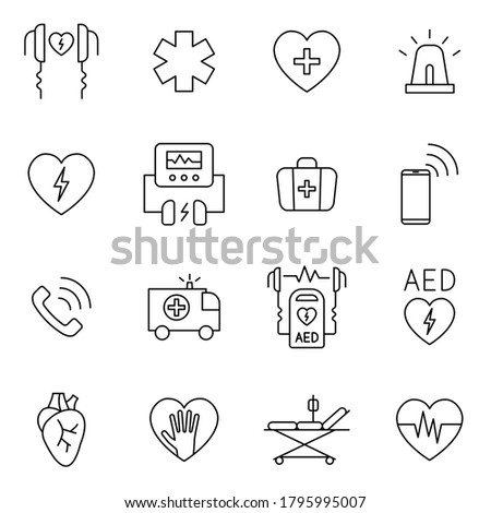 AED, CPR, first aid in cardiac arrest outline icon set. Signs in line style such as defibrillator, emergency call, first aid kit, ambulance. Concept of health care.