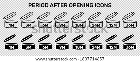 Period after open icons set. PAO symbols. Round box with cap opened. Expiration period in months signs for cosmetic packaging on transparent background.
