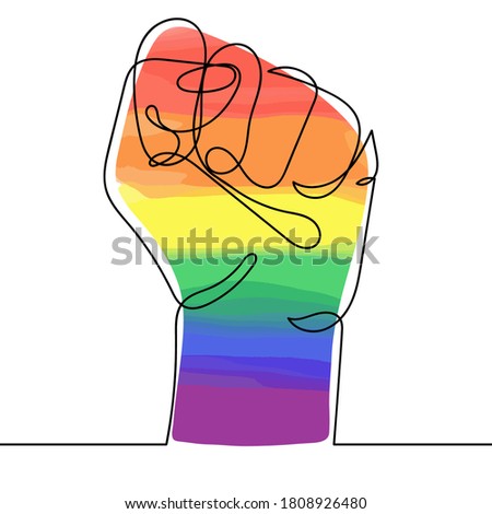 Continuous line drawing of rainbow colored strong fist raised up. Human arm in LGBT flag colors with clenched fingers, one line drawing vector illustration. Concept of gay pride, lgbt, love