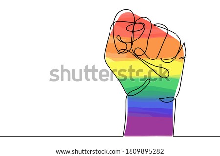 Continuous line drawing of rainbow colored strong fist raised up. Human arm in LGBT flag colors with clenched fingers, one line drawing vector illustration. Concept of gay pride, lgbt, love