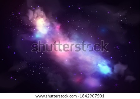 Night starry sky, purple nebula and Milky Way. Vector illustration of realistic space background. Colorful wallpaper of galaxy with stardust