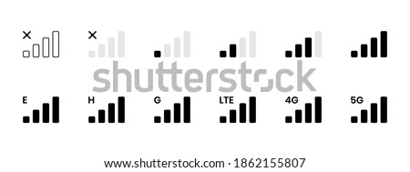 Signal reception bar collection of vector illustration. Mobile phone connection level icons. No signal, bad, lte, 4g and 5g network status. Strength indicator for interface, web app, ui
