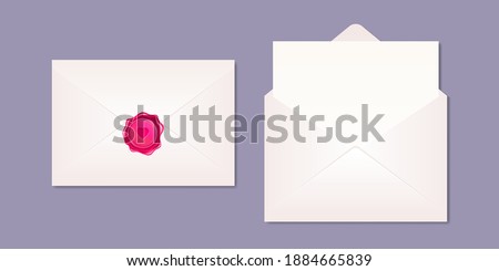 Mockup of realistic envelopes, opened with blank letter and sealed with pink wax stamp. Romantic love letter design for Valentine day. Vector illustration of love mail message