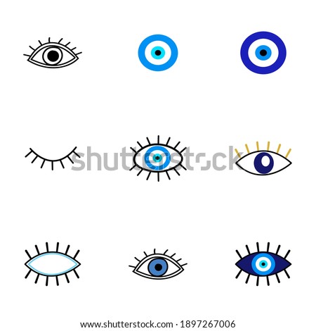 Evil eye protection talisman. Collection of of turkish blue eye-shaped amulets, nazar talismans in hand drawn style. Vector illustration of eyes with lashes, magical decor elements