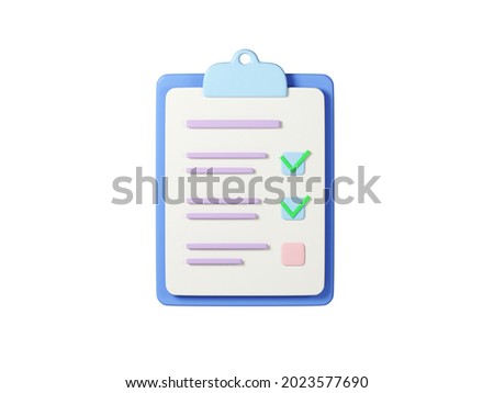 Checklist on clipboard paper isolated on white background, 3d render illustration. Notebook with checked tasks. Concept of online survey, exam note, business contract, research form.