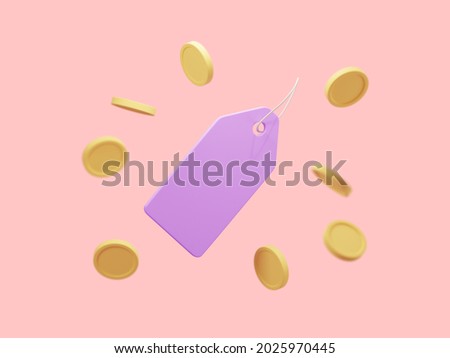 3d price tag with floating coins around isolated on blush pink background. Discount coupon. Concept of online sale. 3d rendering illustration of promo tag coupon, sale voucher.
