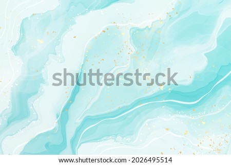 Pastel cyan mint liquid marble watercolor background with wavy lines and brush stains. Teal turquoise marbled alcohol ink drawing effect. Vector illustration backdrop, watercolour wedding invitation.