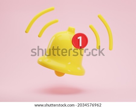 3d render icon of glossy yellow notification bell with one new message isolated on pink background. Social media notice event reminder. 3d rendering illustration, concept of notification message.