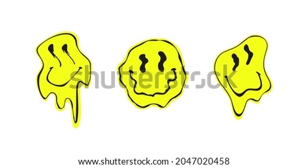 Melted smile faces in trippy acid rave style isolated on white background. Psychedelic quirky cartoon face, great for retro stickers, sweatshirts. Urban neon graffiti style vector design element