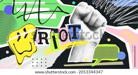 Strong fist raised up in halftone shape. Vector collage in contemporary punk grunge style . Modern poster with dotted elements, brush strokes, urban magazine pattern. Concept of human rights fight.