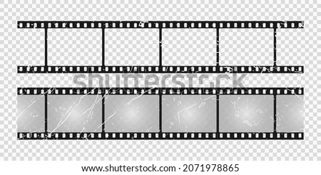 Grunge film strip on transparent background. Retro scratched camera photo roll. Old filmstrip with perforation, border or frame with place for pictures. Vector illustration.
