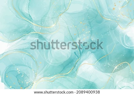 Pastel cyan mint liquid marble watercolor background with white lines and brush stains. Teal turquoise marbled alcohol ink drawing effect. Vector illustration backdrop, watercolour wedding invitation.