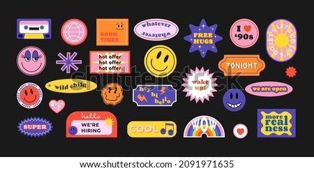 Cool trendy retro stickers with smile faces, cartoon comic label patches. Funky, hipster retrowave stickers in geometric shapes. Vector illustration of y2k , 90s graphic design badges.