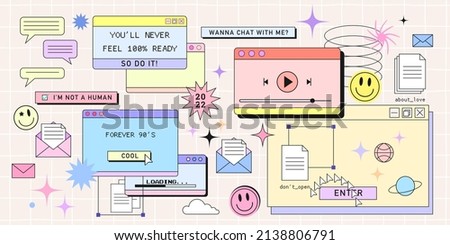Retro browser computer window in 90s vaporwave style with smile face hipster stickers. Retrowave pc desktop with message boxes and popup user interface elements, Vector illustration of UI and UX. Imagine de stoc © 
