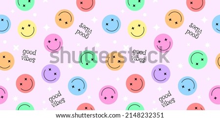 Happy smile faces seamless pattern in trendy funky y2k style. Colorful circle stickers, character icons endless background. Vector illustration in 90s graphic for fabric, print, textile, presentation.