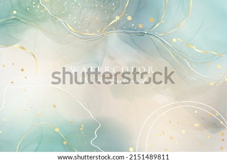 Blue green liquid watercolor background with golden stains and beige. Emerald grey marble alcohol ink drawing effect. Vector illustration design template for wedding invitation, business cover