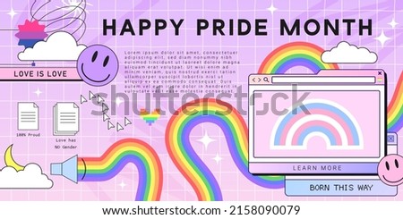 Happy Pride month banner as retro browser computer window, 90s vaporwave style with smile face hipster stickers. Retrowave pc desktop with lgbt rainbow. Concept of human equality