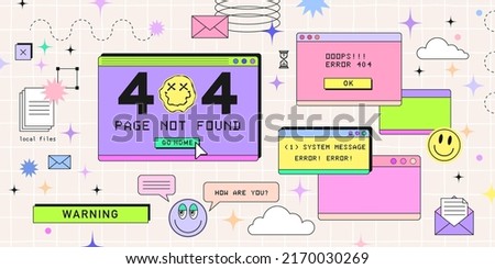 Old computer browser in 90s vaporwave style with smile face hipster stickers. Retrowave pc desktop with 404 error message boxes and popup user interface elements, Vector illustration of UI