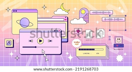 Retro browser computer window in 90s vaporwave style with smile face hipster stickers. Retrowave pc desktop with message boxes and popup user interface elements, Vector illustration of UI and UX