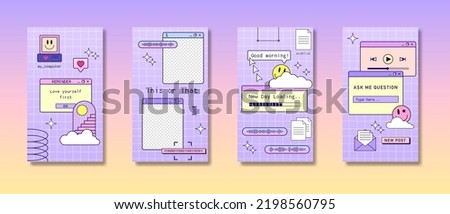 Cool stories or post template, retro browser computer window in 90s vaporwave with geek stickers. Y2k aesthetic background for social media, with pc message boxes, UI, UX elements. Vector illustration