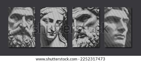 Antique greek statues in engraved line pattern. Renaissance sculpture in modern guilloche design. Roman statue faces, textured artwork. Vector illustration for poster, cover, wall art, banner