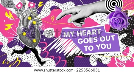 Halftone collage in contemporary punk grunge style. Modern vector poster with dotted elements - hand and heart, brush strokes. Concept of relationship, love, romance, valentine day.