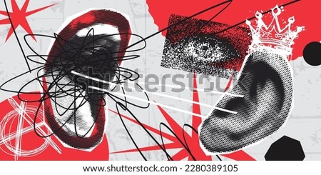 Halftone collage in contemporary punk grunge style. Modern vector poster with dotted elements - mouth, ear, eye, crown, brush strokes. Concept of rebel, protest, anti estableshment