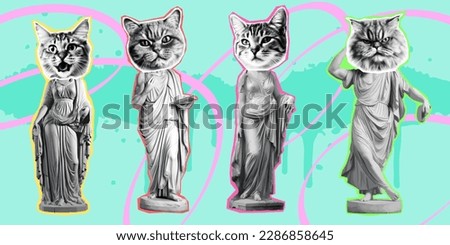 Greek statue with cat heads collage elements for trippy mixed media design. Funny kitty character in halftone texture, dotted pop style. Vector grunge punk crazy art templates