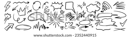 Charcoal pen liner doodle elements, crown, emphasis arrow, speech bubble, scribble. Handdrawn cute cartoon pencil sketches of decorative icons. Vector illustration of cloud, explosion, sunburst
