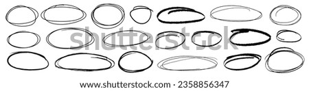 Handdrawn doodle grunge circle highlights. Charcoal pen round ovals. Marker scratch scribble inrounder. Round scrawl frames. Vector illustration of freehand painted circular note