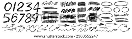 Grunge charcoal scribble stripes, freehand numbers, emphasis arrows, hand-drawn doodle squiggles, Chalk or marker doodle rouge scratches. Vector illustration of hand painted scrawl frames