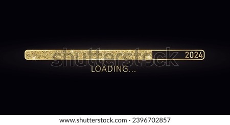 2024 New Year gold progress bar. Golden loading bar with glitter particles on black background for Christmas greeting card. Design template for holiday party invitation. Concept of festive banner