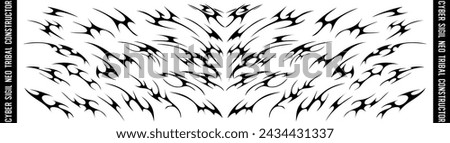 Neo tribal art constructor. Y2k cyber sigil aesthetic tattoo, simmetric ethnic celtic shape. Vector illustration of emo gothic tribal tattoo designs, acid metal music poster.