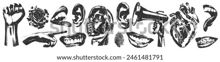 Mouth, speaker, head, strong fist, ear with halftone photocopy stipple effect, for grunge punk y2k collage design. Vector illustration with dotted half-tone brutalist retro design for vintage banner