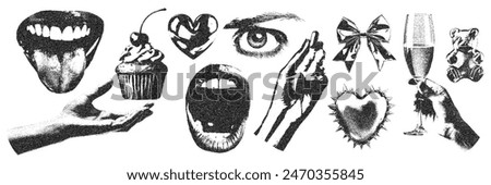 Eye, mouth, hand, heart, gummy bear with halftone stipple effect, for grunge punk y2k collage design. Pop art style dotted crazy elements. Vector illustration for vintage emo gothic banner, music