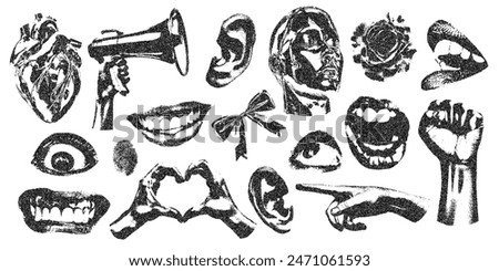 Mouth, heart, speaker, head, scream, hand, flower, ear with halftone stipple effect, for grunge punk y2k collage design. Vector illustration in stipple halftone brutalist retro design for vintage sale