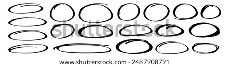 Handdrawn doodle circle highlights. Brush marker pen round ovals. Scribble horizontal ellipse inrounder. Round scrawl frames. Vector illustration of freehand painted circular note