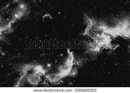 Milky way, galaxy, nebula, stars in pointillism style. Vintage stippled background of deep space. Vector illustration in retro grainy grunge texture for music poster, concert banner, cd cover, collage