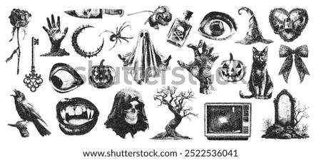 Creepy Halloween collage elements with vintage stippling photocopy effect. Eye, mouth, zombie hand, pumpkin jack, raven, ghost, cat with experimental grunge dotted texture. Retro vector illustration