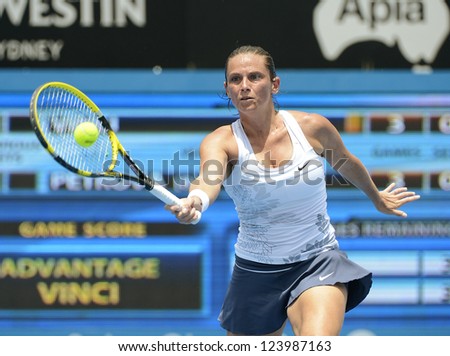 SYDNEY - JAN 7: Roberta Vinci from Italy hits a forehand volley during her first round match in the APIA Sydney Tennis International. Sydney January 7, 2013.