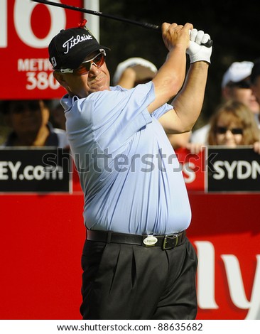 SYDNEY - NOV 11: Peter O\'Mally tees off at the Emirates Australian Open at The Lakes golf course. Sydney, November 11, 2011
