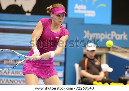 SYDNEY - JAN 8: Lucie Safarova plays a backhand in her first round match in the APIA Tennis International. Sydney - January 8, 2012