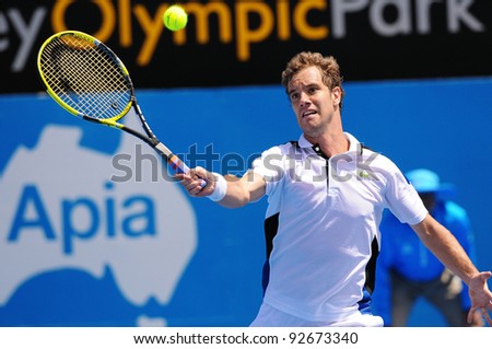 SYDNEY - JAN 12: Richard Gasquet of France hits a volley in his quater final match at the APIA Tennis International. Sydney - January 12, 2012