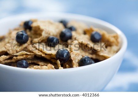 Healthy breakfast cereal with fresh blueberries, shallow focus