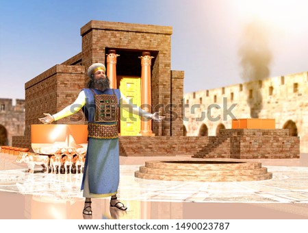 Biblical Jewish priest standing in front of King Solomon's holy temple in Jerusalem, Old Testament, the Temple of Solomon was the first holy temple of the ancient Israelites, 3d render Сток-фото © 