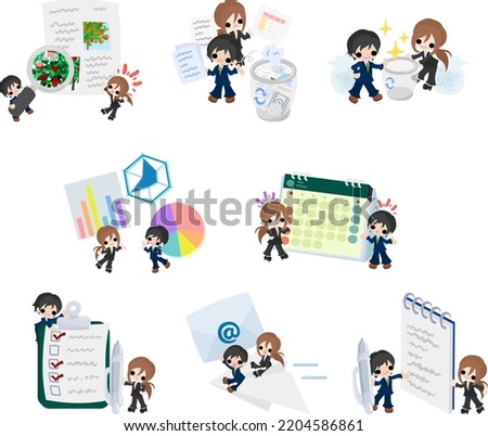 The cute clip arts about business and office such as document and graph and calendar and to-do list and email and notepad