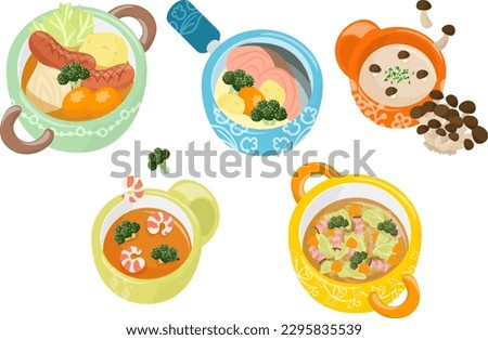 The various icons of delicious soup such as pot-au-feu and salmon stew and shimeji mushroom potage and shrimp and broccoli soup and and vegetable soup