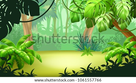 Game landscape with tropical jungle scene. Background vector illustration.