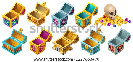 Set cartoon wooden isometric open chests decorated silver for computer game. Isolated vector illustration on white background.